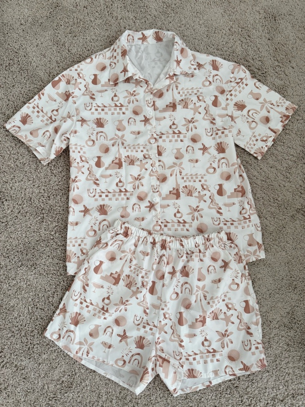 SHEIN White and Tan Abstract Beach Print Swim Coverup Set Size L